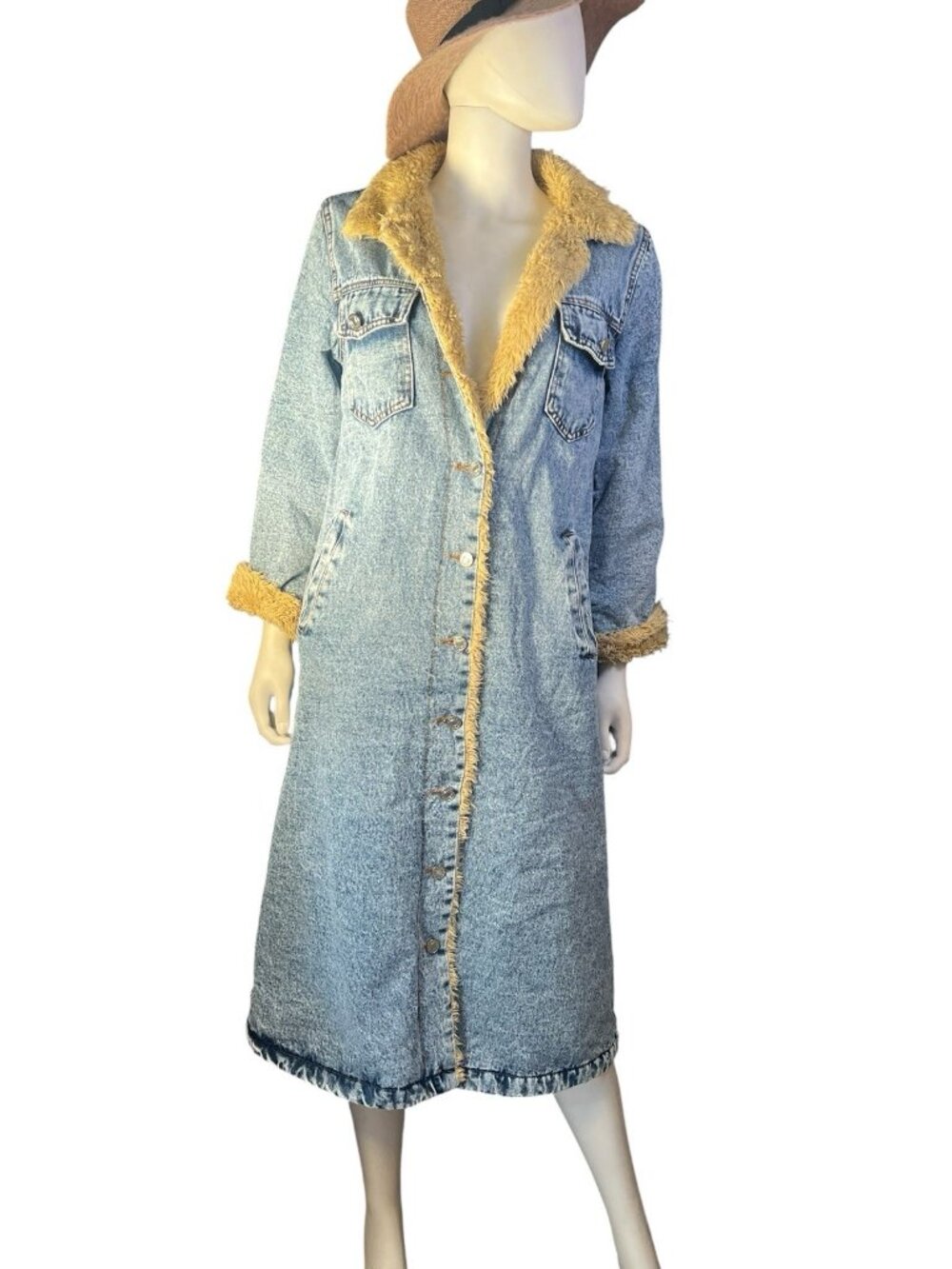 vtg sherpa lined light wash long denim coat jean jacket duster sz S - Picture 2 of 13